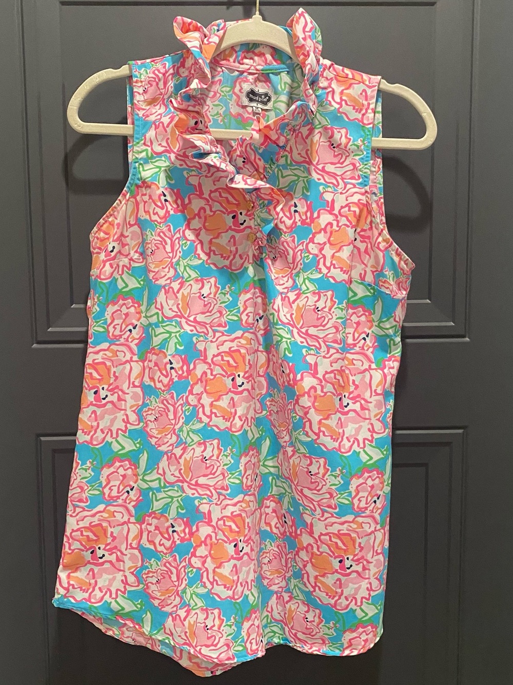 Mud Pie Aqua & Pink Floral Ruffle-Collar Sleeveless Top Size Medium